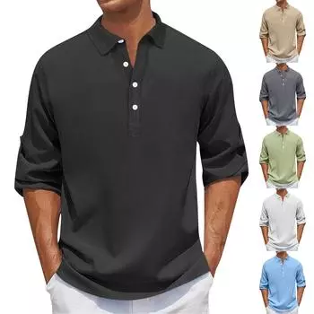 Дизайнерские весенне-летние мужские повседневные хлопковые льняные рубашки с длинным рукавом, свободные рубашки L чёрный