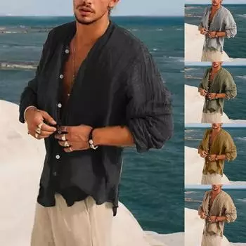 Дизайнерские весенне-летние мужские повседневные хлопковые льняные рубашки с длинным рукавом, свободные рубашки XL чёрный