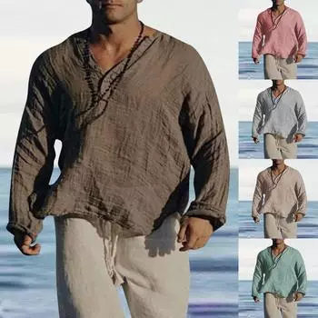 Дизайнерские весенне-летние мужские повседневные хлопковые однотонные рубашки с длинными рукавами, свободные рубашки с воротником-стойкой One size коричневый