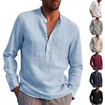 Дизайнерские весенне-летние мужские повседневные рубашки из хлопка и льна, однотонные рубашки с длинными рукавами, свободные рубашки с воротником-стойкой XXXL тёмно-синий