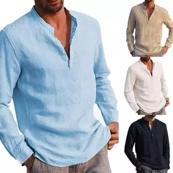 Дизайнерские весенне-летние мужские повседневные рубашки из хлопка и льна, однотонные рубашки с длинными рукавами, свободные рубашки с воротником-стойкой L чёрный