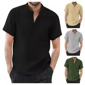 Дизайнерские весенне-летние мужские повседневные рубашки из хлопка и льна, однотонные рубашки с длинными рукавами, свободные рубашки с воротником-стойкой XXL чёрный