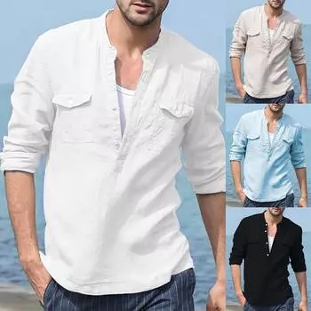 Дизайнерские весенне-летние мужские повседневные рубашки из хлопка и льна, однотонные рубашки с длинными рукавами, свободные рубашки с воротником-стойкой XXL чёрный