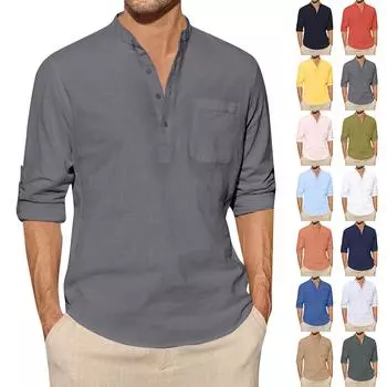 Дизайнерские весенне-летние мужские повседневные рубашки из хлопка и льна, однотонные рубашки с длинными рукавами, свободные рубашки с воротником-стойкой L синий