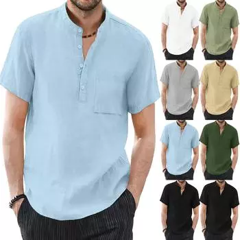 Дизайнерские весенне-летние мужские повседневные рубашки из хлопка и льна, однотонные рубашки с короткими рукавами, свободные рубашки с воротником-стойкой XXL чёрный