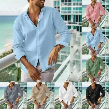 Дизайнерские весенне-летние мужские повседневные рубашки из хлопка и льна, однотонные рубашки с длинными рукавами, свободные рубашки с воротником-стойкой L чёрный