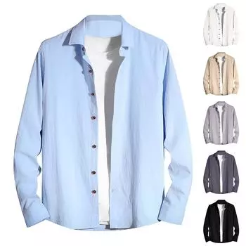 Дизайнерские весенне-летние мужские повседневные рубашки из хлопка и льна, однотонные рубашки с длинными рукавами, свободные рубашки с воротником-стойкой L бежевый