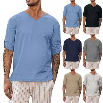 Дизайнерские весенне-летние мужские повседневные рубашки из хлопка и льна, однотонные рубашки с длинными рукавами, свободные рубашки с воротником-стойкой L чёрный