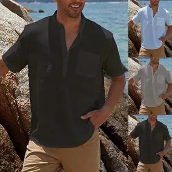 Дизайнерские весенне-летние мужские повседневные рубашки из хлопка и льна, однотонные рубашки с длинными рукавами, свободные рубашки с воротником-стойкой L синий