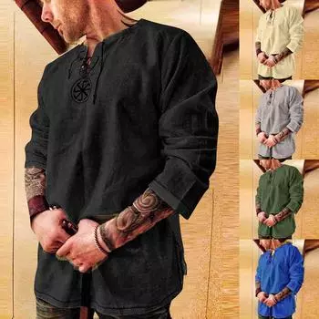 Дизайнерские весенне-летние мужские повседневные рубашки из хлопка и льна, однотонные рубашки с длинными рукавами, свободные рубашки с воротником-стойкой XXL чёрный
