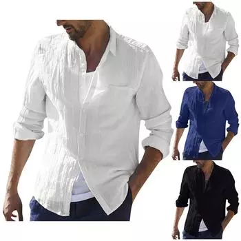 Дизайнерские весенне-летние мужские повседневные рубашки из хлопка и льна, однотонные рубашки с длинными рукавами, свободные рубашки с воротником-стойкой XXL чёрный