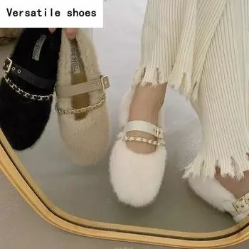 Дизайнерские весенне-осенние женские теплые меховые туфли, модные женские туфли без шнуровки на плоской подошве с круглым носком, женские туфли Мэри Джейн 35