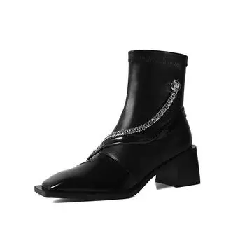 Дизайнерские винтажные ботинки челси женские толстые высокие квадратные носки на молнии осень-зима женские тонкие короткие ботинки 34 чёрный