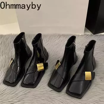 Дизайнерские винтажные женские ботильоны, модные туфли с квадратным носком, весна-осень, туфли на плоской подошве, женские короткие ботильоны 35 чёрный