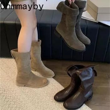 Дизайнерские винтажные женские ковбойские сапоги в стиле вестерн, модные туфли без застежек, весенне-осенние туфли на плоской подошве, лаконичные короткие ботильоны 35