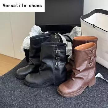 Дизайнерские винтажные женские ковбойские сапоги в стиле вестерн, модные элегантные туфли с пряжкой на поясе, осенне-зимние туфли на плоской подошве, женские короткие ботильоны 35