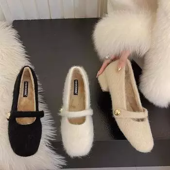 Дизайнерские винтажные женские теплые меховые туфли Мэри Джейн, модные туфли для бабушки, зимние удобные туфли с мелкой пряжкой на ремне 35 абрикосовый