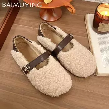 Дизайнерские винтажные женские теплые меховые туфли на плоской подошве, женская модная обувь 2025 года, балетки с мелкой пряжкой, зимние удобные туфли-лоферы 35 бежевый