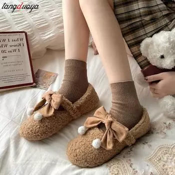 Дизайнерские винтажные женские теплые туфли на плоской подошве с мехом, модные милые туфли Мэри Джейн с мелким бантом, зимние женские мягкие удобные мокасины 35 хаки