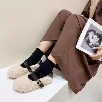 Дизайнерские винтажные женские туфли на плоской подошве с мехом, модные туфли с пряжкой на мелком ремне, весенне-осенние женские элегантные теплые туфли 35 бежевый