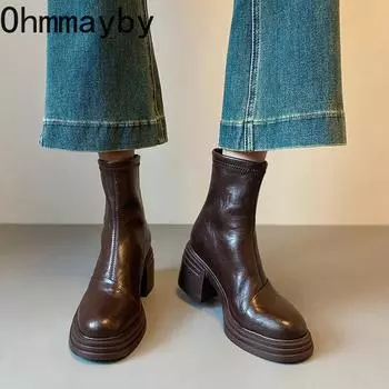 Дизайнерские женские эластичные современные ботильоны, модные туфли на толстом каблуке, лаконичные короткие ботинки Botas De Mujer 35 коричневый