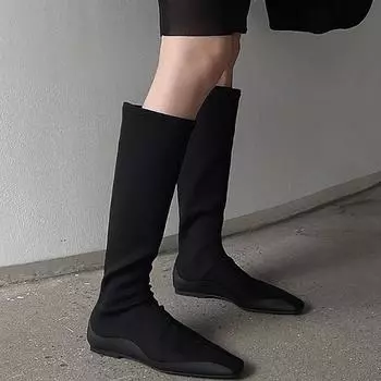 Дизайнерские женские эластичные современные сапоги до колена, модные туфли без застежек, осенне-зимние туфли на плоской подошве, женские длинные сапоги 35