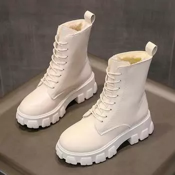 Дизайнерские женские ботильоны на массивной платформе, осенне-зимние теплые плюшевые женские туфли из искусственной кожи на толстой подошве со шнуровкой 40