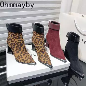 Дизайнерские женские ботильоны на высоком каблуке, модные, с острым носком, короткие, с леопардовым принтом, повседневная обувь для женщин на осень-зиму 35 красный