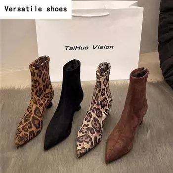 Дизайнерские женские ботильоны с леопардовым принтом, модные короткие ботильоны с острым носком, лаконичные толстые каблуки, Botas De Mujer 35