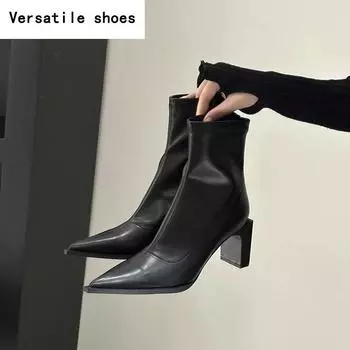 Дизайнерские женские ботильоны с острым носком, модные короткие ботильоны на квадратном каблуке, женские туфли для танцев и выпускного вечера 35
