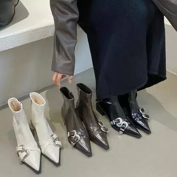 Дизайнерские женские ботильоны с острым носком, модные короткие ботильоны на толстом каблуке, осенне-зимняя женская обувь 35 бежевый