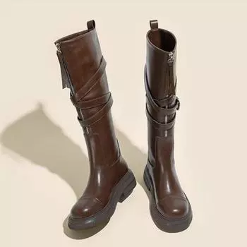 Дизайнерские женские брюки с пряжкой, высокие сапоги, модная обувь в стиле панк, осень-зима, на плоском каблуке, женские длинные сапоги в рыцарском стиле D386 35