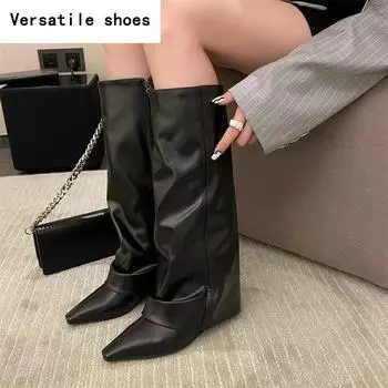 Дизайнерские женские брюки, высокие сапоги, модные боковые молнии, длинные сапоги, толстые высокие каблуки, осенне-зимняя женская обувь 35