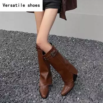 Дизайнерские женские брюки, высокие сапоги, модные ковбойские сапоги в стиле вестерн, толстые высокие каблуки, осенне-зимняя женская обувь 35