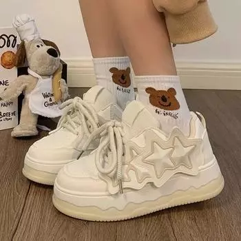 Дизайнерские женские дышащие белые блестящие кроссовки со звездами, милая обувь, кроссовки на толстом каблуке, повседневная обувь для бега на платформе Y2K, обувь Лолиты 35 белый