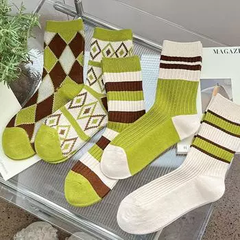 Дизайнерские женские хлопковые носки Double Needle Double Road, модные универсальные носки средней длины, полосатые носки Tide One Size алмаз