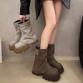 Дизайнерские женские короткие сапоги из плотного денима, новинка 2024 года, модные брюки на платформе и каблуке, ботильоны, женские удобные женские рыцарские ботильоны 35 коричневый