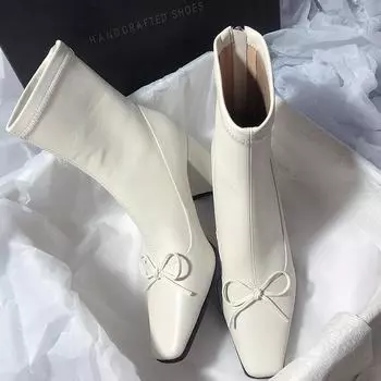 Дизайнерские женские квадратные носки, современные ботинки, модные туфли на высоком каблуке, лаконичные, тонкие, короткие ботинки 35 бежевый