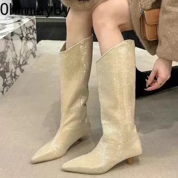 Дизайнерские женские сапоги до колен с пайетками, модные элегантные длинные ботильоны без застежек, дизайнерские туфли на высоком каблуке для стриптиза, Botas Mujers 35