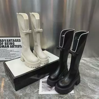 Дизайнерские женские сапоги до колена, модные элегантные туфли на молнии, осенне-зимние женские сапоги на платформе и каблуке в рыцарском стиле 35