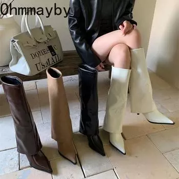 Дизайнерские женские сапоги до колена, модные брюки с острым носком, длинные ботильоны, элегантные туфли на высоком каблуке, Botas Mujer 35 хаки