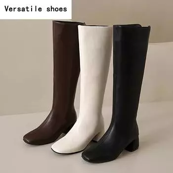 Дизайнерские женские сапоги до колена, модные туфли с молнией сзади, осень-зима, толстый каблук, женские современные длинные сапоги 35