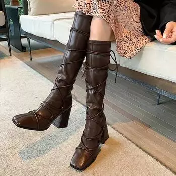 Дизайнерские женские сапоги до колена, модные туфли с квадратным носком и перекрестными ремешками, осень-зима, женские длинные сапоги-ботинки 35