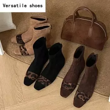 Дизайнерские женские сапоги-носки с леопардовым принтом, модные короткие ботильоны с острым носком, элегантные ботильоны на толстом каблуке 35