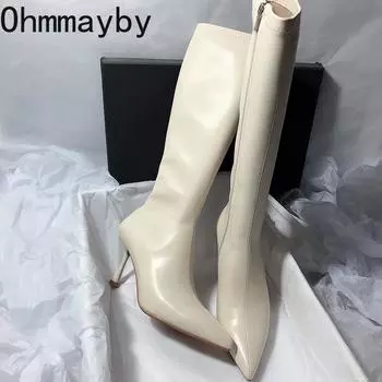 Дизайнерские женские сапоги с острым носком, эластичные, до колена, элегантные туфли, сексуальные, на высоком каблуке, длинные, Botas De Mujer 35 бежевый