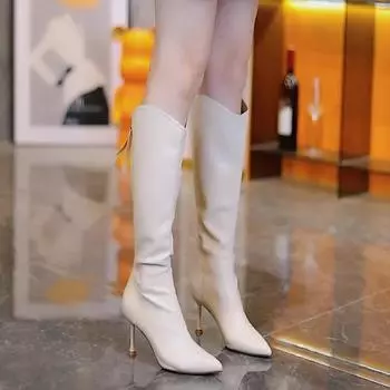 Дизайнерские женские сапоги с острым носком, модные длинные сапоги с молнией сзади, на толстом высоком каблуке, осенне-зимняя женская обувь 35