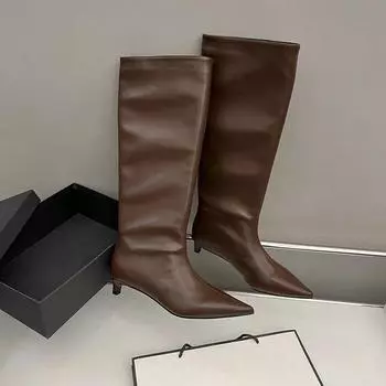 Дизайнерские женские сапоги с острым носком, современные, высокие, модные, слипоны, длинные, женские, лаконичные, квадратные, на низком каблуке, белые 35