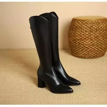 Дизайнерские женские сапоги с острым носком выше колена, модные длинные сапоги с молнией сзади, толстые высокие каблуки, осенне-зимняя женская обувь 35