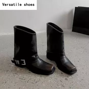 Дизайнерские женские сапоги в стиле вестерн, модные туфли с квадратным носком и пряжкой на ремне, осень-зима, толстый каблук, женские короткие сапоги в стиле рыцаря 35