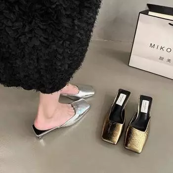 Дизайнерские женские тапочки, модные мюли с металлической пряжкой, плоские каблуки, квадратный носок, неглубокие туфли, уличные шлепанцы, женские повседневные сандалии 35 серебряный